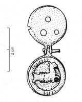 BTS-4024 - Boîte à sceau circulaire : capricornebronzeBoîte à sceau circulaire dont le couvercle, pourvu d'une moulure circulaire (souvent marquée d'incisions perpendiculaires), est orné d'un ornement riveté en forme de capricorne ; fréquent décor de nielle sur l'animal et sur la couronne.