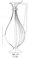 CRU-4095 - Cruche AR 174verreCruche à panse ovoïde, profil continu (stries verticales parallèles) entre un piédouche et un col étroit, étranglé par un anneau ; large bord déversé ; une anse à poucier, attachée à la lèvre, forme un angle droit avant de reromber sur la panse où elle vient se fixer.