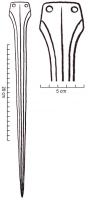 EPE-1016 - Épée à languette trapézoïdale : type atlantiquebronzeEpée à lame très étoite et languette trapézoïdale bien dégagée. les tranchants sont souvent limités par des ressauts. La partie axiale de la lame peut être soulignée par 2 incisions ou une arête.