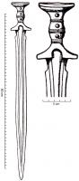EPE-1018 - Épée à languette bipartite : type de MörigenbronzeEpée à poignée de bronze, à pommeau concave, large et ovale. Cette poignée est le plus souvent creuse et fixée à la garde par deux ou trois rivets. Rarement, la poignée est pleine et coulée avec la lame. La fusée bitronconique est décorée de deux ou trois bandes transversales (bourrelets ou nervures). La partie distale de la garde est rectiligne et présente au milieu une échancrure. Souvent, présence de ricassos à cran .
La partie tranchante, pistilliforme, présente un bombement axial bordé de stries.