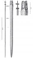 EPE-1056 - Épée à languette étroite : type de RosnoënbronzeÉpée à languette trapézoïdale, fine et de section rectangulaire, présentant 4 encoches ou 4 trous de rivet. Le talon est souvent marqué par un ricasso sans cran. La section de la partie tranchante est plate ou légèrement biconvexe ; les tranchants sont rectilignes et délimités par des ressauts. La poignée est en matière périssable.