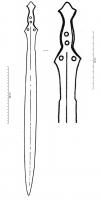 EPE-1058 - Epée à languette tripartite : type de LocrasbronzeEpée à languette tripartite aux rebords bien dégagés. La partie proximale de cette languette montre un appendice triangulaire; le renflement marqué de la partie médiane, percé de deux trous de rivet, est légèrement décentré vers une garde triangulaire à deux trous de rivet. La lame montre de deux ricassos à cran et une partie tranchante pistilliforme, de section biconvexe avec un bombement axial.
