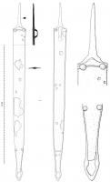 EPE-3018 - Épée celtiqueferEpée à pointe effilée et arête médiane ; fourreau sans décor, mais pourvu en partie supérieure d'une frette ornée de 2 médaillons à décor plastique ; bouterolle à extrémité triangulaire et renflements médians, peu ajourée, terminée par une barrette à deux médaillons sur l'avers.