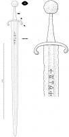 EPE-9009 - Épée à inscription ferÉpée à lame gravée ; pommeau formé de deux troncs de cône accolés et garde à quillons enroulés aux extrémités.