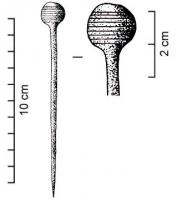 EPG-1018 - Épingle à grosse tête globuleusebronzeEpingle à tête massive en forme de sphère, ornée d'incisions horizontales parallèles, voire de moulures.