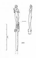 EPG-4568 - Épingle à sommet orné : VénusosÉpingle à sommet orné d'un personnage féminin en pied (Vénus) reposant sur un socle. La déesse est représentée debout et nue, portant la main gauche à son sein droit et la main droite à hauteur de l'épaule. Elle est légèrement déhanchée. Sa jambe gauche s'appuie contre un support recouvert d'un voile.