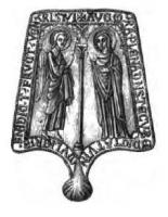 ESP-7076 - Enseigne de pèlerinage : Annonciation de NazarethplombEnseigne de type architectural, avec deux personnages sous des arcades, séparés par une colonne et à la base un pendentif en forme de coquille saint Jacques : à gauche, l'Archange Gabriel et à droite, la vierge Marie ; autour, légénde +AVE GRA. PLENA DII S. TECV BEIE DICTATVM MVLIERBVS BIE DICT FRVCT VENTRIS TVI.