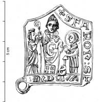 ESP-9069 - Enseigne de pèlerinage : saint Faron saint FiacreplombEnseigne de forme architecturale,  anneaux aux angles ; saint Faron en évêque, mitre et crosse tournée vers l'extérieur, tenant un livre contre lui, entouré de deux personnages (l'un nimbé et équipé d'une bêche : saint Fiacre), qui l'implorent, les mains jointes. Légende à droite : + S FARON : S FIACRE :