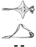 FIB-2041 - Fibule à arc coudé losangiquebronzeFibule en bronze à arc coudé losangique et ressort à 4 spires.