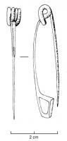 FIB-3003 - Fibule de Nauheim 5a2bronzeTPQ : -120 - TAQ : -50Ressort à 4 spires et corde interne ; arc plat, triangulaire et tendu ; porte-ardillon trapézoïdal ajouré et arc décoré d'une seule échelle estampée, sans limitation vers le pied.
