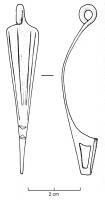 FIB-3031 - Fibule de Nauheim 5a17bronzeTPQ : -120 - TAQ : -50Ressort à 4 spires et corde interne ; arc plat, triangulaire et tendu ; porte-ardillon trapézoïdal ajouré ; arc orné de deux échelles convergentes, bordées vers l'extérieur par deux incisions longitudinales, limitées vers le pied par des incisions transversales.