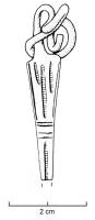 FIB-3036 - Fibule de Nauheim 5a22bronzeRessort à 4 spires et corde interne ; arc plat, triangulaire et tendu ; porte-ardillon trapézoïdal ajouré ; arc orné de trois échelles longitudinales et deux filets latéraux, interrompues par des incisions transversales, avec une seule échelle médiane du côté du pied.