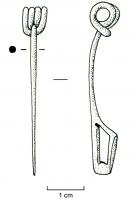 FIB-3064 - Fibule de Nauheim 5b1bronzeTPQ : -120 - TAQ : -50Fibule de Nauheim (soit à ressort à 4 spires et corde interne, porte-ardillon trapézoïdal ajouré) mais à arc filiforme : section ronde.