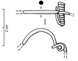 FIB-3827 - Fibule à timbale sur le pied (?)bronzeFibule à arc plus ou moins en anse de panier (section variable), ressort incomplet ; pied redressé vers l'arc et incomplet, sans doute terminé par une timbale, non conservée.