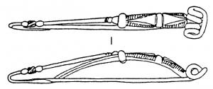 FIB-3866 - Fibule de type MötschwilbronzeFibule de schéma La Tène II à arc filiforme, pied retourné vers l'arc et rattaché au sommet de l'arc par une bague moulurée ; un groupe de nodosités orné également le retour du pied au-dessus du porte-ardillon ; variante à ressort bilatéral court (4 spires), à corde externe.