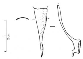 FIB-3873 - Fibule de type unguiformebronzeFibule dont l'arc, creux par dessous, s'évase en forme d'ongle ou de goutte; articulation inconnue (mais variante a ou b : la variante c est plus trapue, la d très rare).