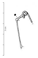 FIB-3878 - Fibule filiforme type Vieille-ToulousebronzeTPQ : -75 - TAQ : -25Fibule à arc filiforme, ressort à 4 spires et corde interne; l'arc, coudé ou tendu selon les cas, est interrompu par une perle, ou nodosité. Le pied rectiligne, comporte un porte-ardillon ajouré.