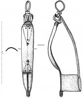 FIB-41046 - Fibule Feugère 6bronzeFibule de grande taille, à ressort bilatéral à 4 spires, corde interne, riveté à la tête de l'arc ; un anneau fixé dans les spires permettait associer deux éléments d'une paire, sans doute à l'aide d'un lien organique. Le corps de la fibule est légèrement arqué, creux par dessous, orné de motifs géométriques longitudinaux; pied en ogive, orné d'un simple bouton; porte ardillon rectangulaire élevé, plein.