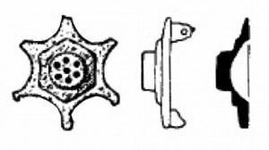 FIB-41357 - Fibule circulaire émailléebronzeTPQ : 150 - TAQ : 250Fibule de composition circulaire, avec un pourtour en forme d'étoile, et une partie centrale surélevée et émaillée, posées sur un hexagone; au revers, articulation à charnière sur deux plaquettes coulées.