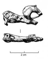 FIB-4182 - Fibule zoomorphe : chevalbronzeTPQ : 120 - TAQ : 260Fibule en forme de cheval à droite, stylisé ; le décor consiste en pastilles d'émail dispersées sur le corps, l'encolure et l'arrière-train ; barre horizontale entre les sabots.