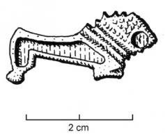 FIB-4339 - Fibule zoomorphe : lionbronzeTPQ : 200 - TAQ : 300Fibule en forme de lion bondissant à droite, corps émaillé sur une seule loge et l'œil rond ; seules 2 pattes sont figurées.