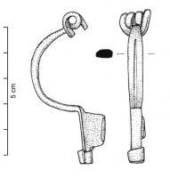 FIB-4491 - Fibule Almgren 16bronzeTPQ : 75 - TAQ : 175Fibule à arc de section rubannée massive, ou semi-circulaire; décor longitudinal simple; ressort à 4 spires et corde interne; pied trapézoïdal plein terminé par un bouton rapporté sur la pointe.