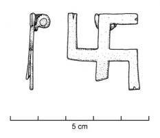 FIB-4534 - Fibule en forme de svastika (Böhme 1179-1207)bronzeTPQ : 200 - TAQ : 300Fibule plate en forme de svastika (croix gammée), lisse ou ornée d'ocelles; au revers, ressort monté sur plaquettes.