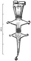 FIB-4718 - Fibule de forme Alésia, type Murviel var. 2bronzeFibule de type Alésia, c'est-à-dire à arc de forme globalement triangulaire ou ogivale, charnière repliée vers l'intérieur et pied redressé, généralement percé d'un ornement transversal (bâtonnet, perles...); les contours de l'arc sont ici découpés, avec deux plaquettes losangiques transversales, aux extrémités poitues et terminées par des boutons, interrompant le bord de l'arc.