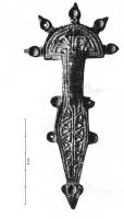 FIB-5047 - Fibule digitée de type EstabanvelabronzeFibule digitée, à décor excisé de type géométrique; les digitations sont en forme de goutte, prolongées par un ergot; disques sur le pourtour du pied.