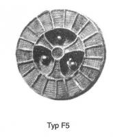 FIB-5257 - Fibule cloisonnée registre central filigranné et pierres Vielitz F5bronze, pierreTPQ : 520 - TAQ : 610Fibule cloisonnée de grenats avec un registre central composé de cellules rayonnantes de grenat en relief par rapport au plateau-support.