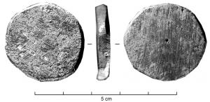 FLM-4002 - Flan monétaire : as de NîmesbronzeFlan monétaire préparé pour la frappe d'un as de Nîmes au crocodile : tranches biseautées et surface aplanie par abrasion.