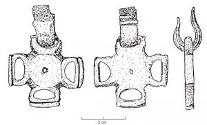 JHA-4006 - Jonction de harnaisbronzeJonction cruciforme pour le croisement de deux sangles étroites : simples moulures transversales à chaque embout.
