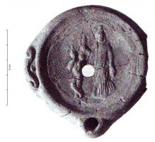 LMP-41146 - Lampe Loeschcke VIII : Isis, Harpocrate terre cuiteTPQ : 100 - TAQ : 200Lampe ronde à bec rond et ailerons latéraux, sans anse; sur le disque, Isis avec Harpocrate à sa droite.