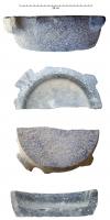 MRT-7002 - Mortier en tronc de cône renversé ou cylindre avec bec verseurpierreMortier monolithe taillé dans une tronc de cône renversé, muni d'un bec verseur et où de tenons de préhension simples. Si la base est circulaire, le bord peut être quadrangulaire.