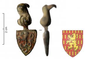 PDH-7105 - Pendant armorié : ChâteauvillainbronzePendant en forme d'écu : de gueules semé de billettes d'or, au lion du même brochant sur le tout.