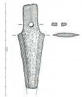 PGD-1040 - Poignard à languette étroite à épaulementbronzePoignard à languette de garde étroite. La languette de fusée individualisée, trapézoïdale ou rectangulaire, présente un épaulement anguleux au niveau de la garde. Cette languette, parfois à légers rebords, est percée d'un ou deux trous de rivet. La partie tranchante est triangulaire