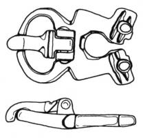 PLB-5174 - Plaque-boucle rigidebronzePlaque-boucle non articulée, à boucle ovale, encochée pour le repos d'ardillon ; la plaque ajourée se divise à l'opposé de l'ardillon en deux languettes perforées pour les rivets permettant de fixer la boucle sur la ceinture.