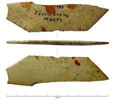 PTI-4002 - Peigne de tisserand (lame de tisserand)osLame en os, à dents, de forme trapézoïdale, avec des encoches sur l'arête parallèle au bord le plus long et parfois aussi sur les côtés.
