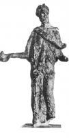 STE-4394 - Statuette : Athéna - Minerve portant l'égide sur l'épaule gauchebronzeLa déesse porte une égide disposée en biais, agrafée sur l'épaule droite et couvrant l'épaule et le bras gauche. Elle tient à droite une chouette ou une patère tandis que l'autre bras est baissé.