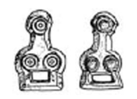 ACE-5022 - Applique de ceinturebronzeTPQ : 550 - TAQ : 750Applique triangulaire prolongée par une bélière trapézoïdale, à trois faux rivets rapportés; bords biseautés ; deux tenons de fixation coulés au revers.