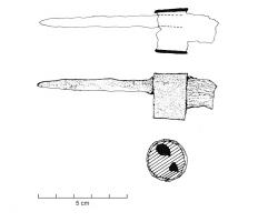 AGB-5001 - Aiguillon de bouvier
fer
Aiguillon constitué d'une virole fermée servant à empêcher l'éclatement du bois de la canne, dans laquelle est enfilé une tige effilée de section quadrangulaire.