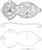 AGC-1002 - Agrafe de ceinture type Larnaud
bronze
Agrafe de ceinture oblongue, composée d'un disque prolongé par un élément ovale ; décor curviligne et poinçonné, parfois avec des côtes en relief ; trois pattes se replient par-dessous, plus une à l'extrémité allongée, formant crochet ; les autres servent à maintenir l'agrafe sur la ceinture.