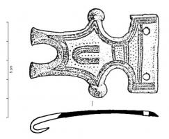 AGC-2007 - Agrafe de ceinture ibérique à 2 crochets
bronze
Agrafe de ceinture à deux crochets en bronze. Décor estampé consistant en motifs circulaires ou en U, dans un encadrement perlé ; deux appendices latéraux ; talon rectangulaire percé de deux ou trois trous pour la fixation.