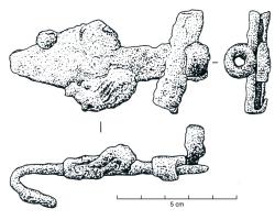 AGC-3005 - Agrafe de ceinture
fer
Corps triangulaire ou foliacé, plein, effilé, prolongé par une languette plate.