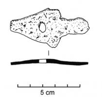AGC-3007 - Agrafe de ceinture
fer
Corps foliacé, effilé, percé d'un trou et prolongé par une languette percée.