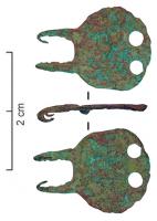 AGR-6008 - Crochet vestimentaire
bronze
Crochet en tôle, constitué d'une plaque circulaire, perforée de deux trous et, à l'opposé, de tiges formant deux crochets parallèles effilés.