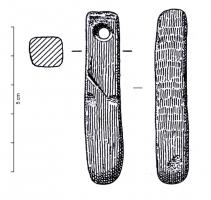 AGS-1001 - Aiguisoir
pierre
Prisme à section quadrangulaire, parfois fusiforme, percé en partie proximale, d'un trou le plus souvent biconique.