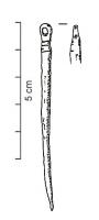 AIG-3008 - Aiguille à coudre
fer
Aiguille de section circulaire, ornée d'incisions; le chas est formé par un anneau distinct du corps.