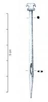 AIG-8001 - Aiguille (de matelassier ?)
bronze
Aiguille dont le chas se trouve au tiers inférieur d'une robuste tige, avec un sommet élargi que sa tête empêche de traverser le support.