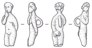 AML-4016 - Amulette : pseudo-Angerona
argent
Figurine de femme nue, coiffée d'un chignon, portant à la bouche ses doigts de la main droite, la main gauche dans le dos ; anneau de suspension au revers.